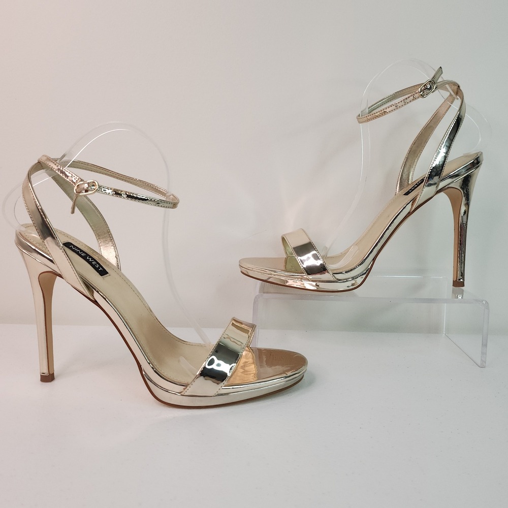 Silver Liquid Metallic Stiletto Heels Womens 12 Nine West Loola Open Toe Ankle